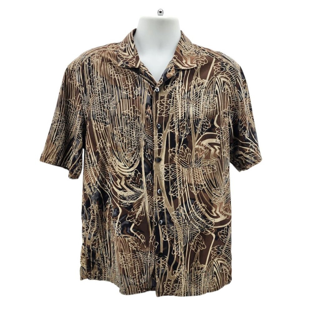 Axis LA Mens Medium Shirt Silk Hawaiian Floral Tan Brown Black Tropical Party